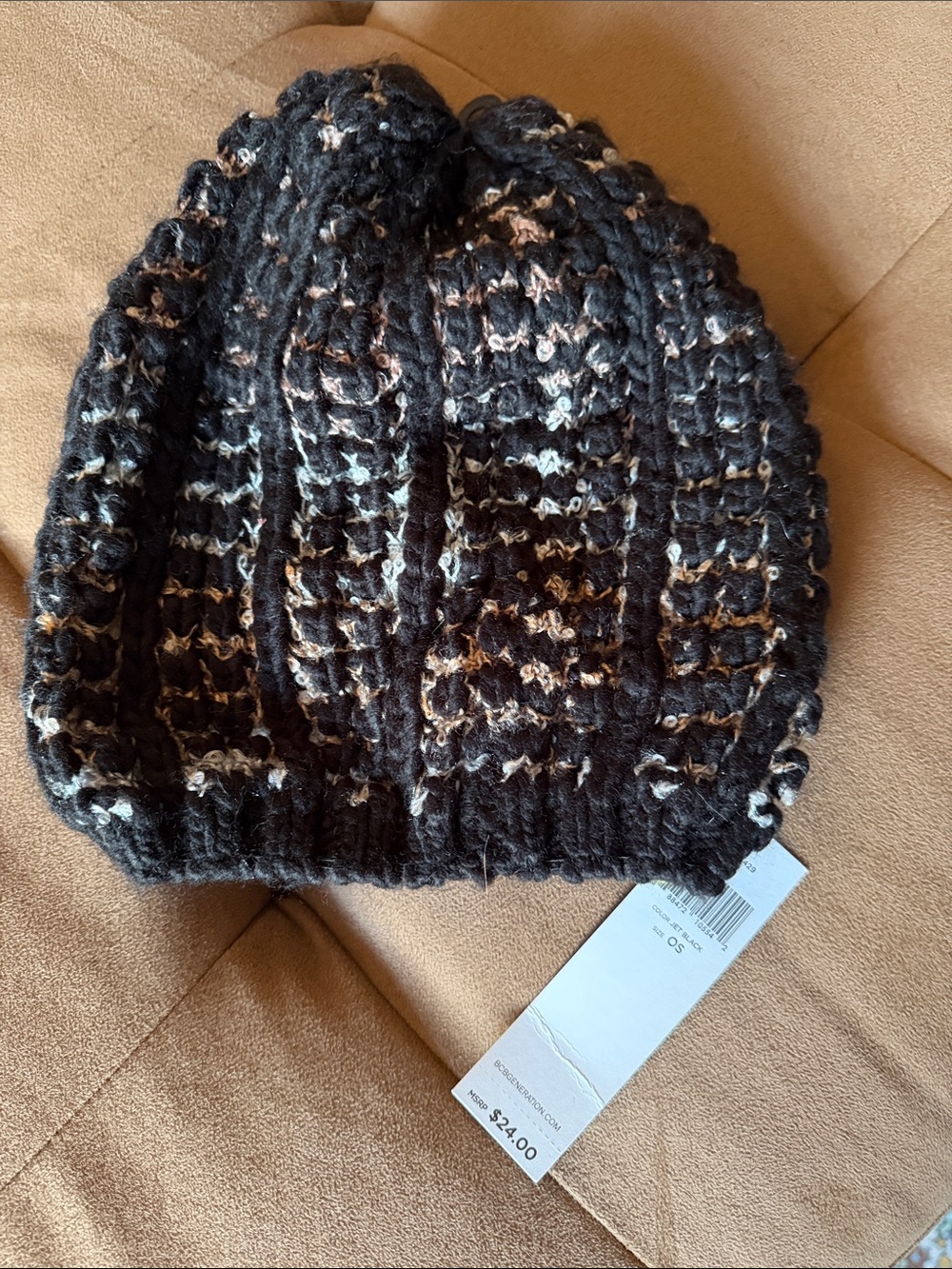 BCBGeneration Jet Black Knit Beanie with Cream Speckle